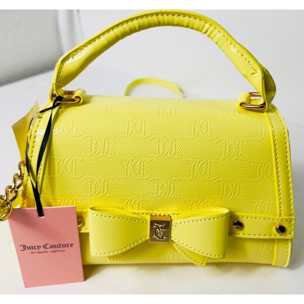 Juicy Couture Purse‎ Yellow Pear  -Top Handle Crossbody Glossy Leather, Gold Bow - Picture 2 of 6